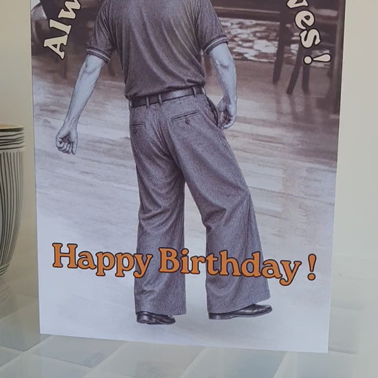 Video shows a card on a transparent work top depicting the monochrome image of northern soul man middle aged in polo shirt and wide leg trousers dancing with text stating always got the moves